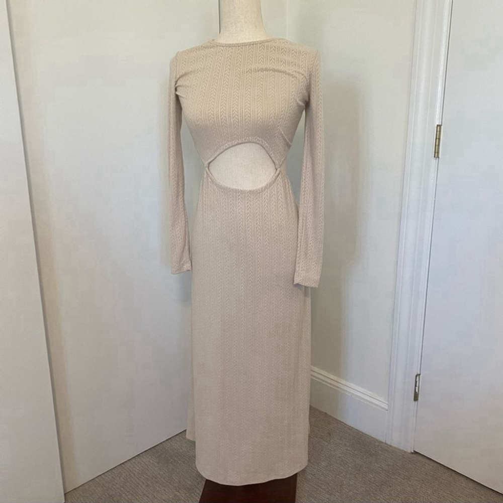 Zara Cut Out Bare Midriff Beige Maxi Dress Size Small